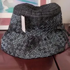 新品未使用　黒と青のリボン付きバケットハット