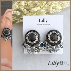 #993 インド刺繍リボン/シルバー/ビーズ刺繍/ブラック/ハンドメイド ピアス