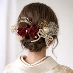 レッド&ゴールド ドライフラワー　髪飾り　和玉　成人式　卒業式　水引　振袖　袴