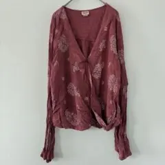 モッシモ【XXL】ボタニカル柄 ブラウス Vネック長袖 臙脂 レーヨン ゆったりのサムネイル