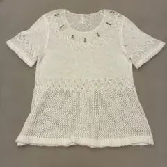 vintage ホワイト 花柄刺繍 半袖ニットのサムネイル