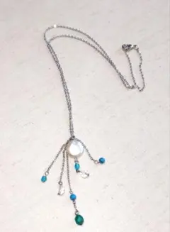 新品未使用ターコイズブルー流れるデザイン ネックレス 真珠 ビーズ