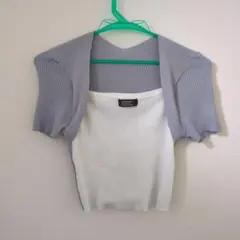 リブ編み半袖トップス グレーとホワイト