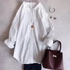 美品▲SHIPS any ストライプ バンドカラー シャツ 長袖 コットン M