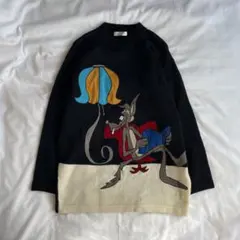 90's vintage オオカミ アニマル柄 ニット セーター レトロ 古着