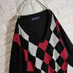 ニット ダイヤ アーガイル柄 薄手 ブラック レッド L