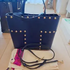 TORYBURCH トリーバーチ ブロックT スタッズ2wayババッグ ネイビー