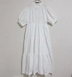 【ヘザー】ホワイト ティアードワンピース ロング 半袖シャツワンピース F