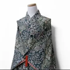 小紋　裂取　唐花模様　唐花模様　グリーン　着物　091t