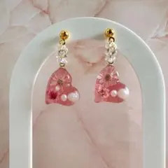 ハート型 ドライフラワー レジンピアス ピンク パール イヤリングに変更可