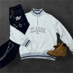 【希少】XLARGE ハーフジップ スウェット カレッジロゴ 刺繍 濃灰 L