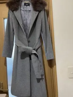 美品！ファー付きグレーウールロングコート