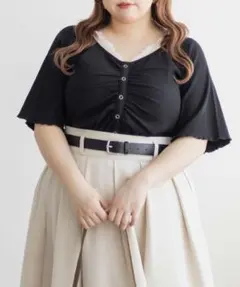 新品未使用★CLETTE★レースキャミレイヤード風シャーリングプルオーバー黒3L