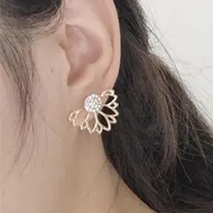 ゴールド 花 バックカフ スタッド ピアス フルクリスタル 2way 194-6