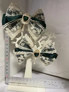 リボンヘアアクセ ヘアクリップ 量産型 地雷 ゴスロリ 緑 深緑 エメラルド