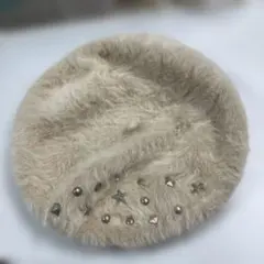 韓国製　ウール100% ベージュ ベレー帽 スタッズ装飾