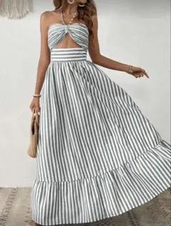ストライプ柄　オープンバック　マキシドレス　ワンピース　リゾート　高見え　美品