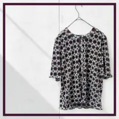 【総柄半袖シャツブラウス】フリルフロントボタンクルーネック派手柄リゾート