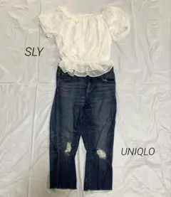 UNIQLO ユニクロ ダメージ クロップド デニム+SLY スライ ブラウス
