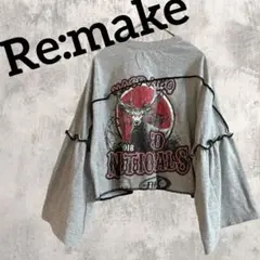 古着リメイク グランジ グレー シカ フレア袖 黒 フリル Tシャツ