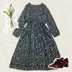花柄ワンピース　ロング丈　くるみボタン　長袖　ウエストゴム　ナチュラル　裏地付き