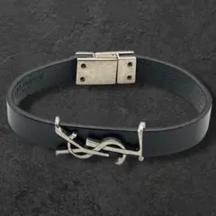 YSL イヴサンローラン バングル ブレスレット レザー 黒 シルバー 517 SAINT LAURENT サンローラン ブレスレット アクセサリー YSL Logo