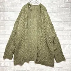 ニットカーディガン L グリーン 美品 ケーブル編み カジュアル 羽織り