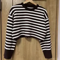 新品　VIS ブラウンボーダー　クロップドニット　バックスリット入り