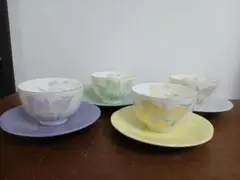昭和レトロ】4客セット 4色 花柄 湯呑み&ソーサー 金縁 和食器
