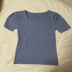 スクエアネック ニット 半袖 青 パフスリーブ ブルー