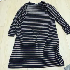 プチオンフルールネイビー✖️ベージュストライプ柄長袖ワンピース