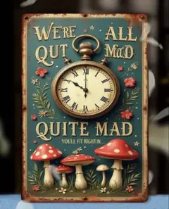 不思議の国のアリス風 レトロな時計ときのこのブリキ看板