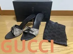 GUCCI グッチ GGキャンバス ミュール サンダル レザー ヒール 箱・袋付