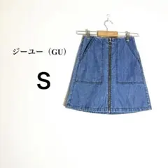 ジーユー デニムミニスカート S 青 フロントジップ 台形 両サイドポケット有