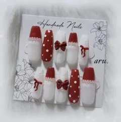 ネイルチップ フレンチガーリー レースリボン ドット 赤 量産型 地雷系 推し活