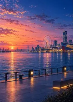 【イラスト】横浜みなとみらいの夕景 アートポスター