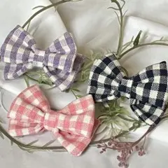 【現品限り】リボンチョーカー　春色チェック　３色30個　トリミング用品