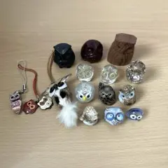 フクロウ　縁起物　ガラス細工　置物　キーホルダー　ストラップ　セット販売