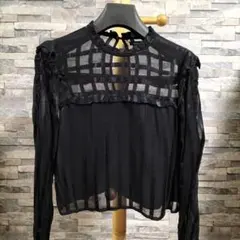 黒 シースルー チェック柄 長袖シャツ