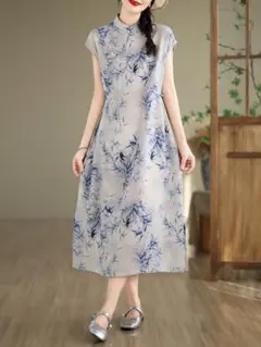 プリントワンピース 着痩せ I スタンドカラー エレガント スリット 絶対欲しい