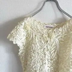 used コード刺繍シースルートップス ホワイトベージュ レース 夏服 古着のサムネイル