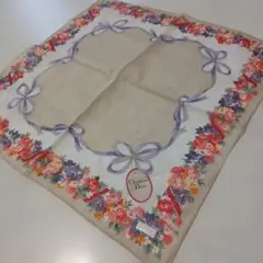 Christian Dior 花とリボン柄 ハンカチ ベージュ　【薄シミあり】