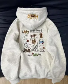 犬のイラスト付きグレーパーカー