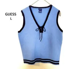 ゲス◉ニットベスト L 水色×紺 Vネック リボン Y2K 韓国ファッション
