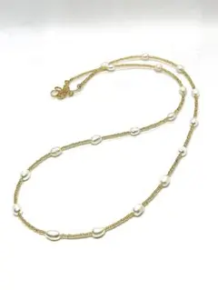 【希少】本真珠ホワイトパールロングネックレス　バロック形　K18金箔パーツ