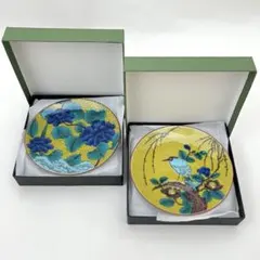 九谷焼 青郊窯豆皿 古九谷青手土坡に牡丹図 吉田屋鷺に柳図 2枚セット