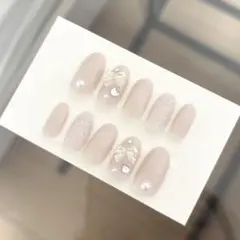 #58ピンク　ネイルチップ ちゅるん 韓国 ドット ワンホン リボン ラメパール