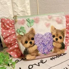 フラットポーチ ハンドメイド 犬柄 前後ポメちゃんB 両面パネル生地