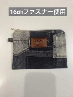 黒　デニム風　内ポケット付き　フラット　ポーチ　ケース　ハンドメイド
