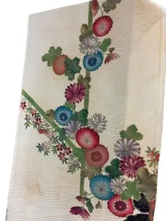 【正絹】ユニチカ 栄絹 反物 流水に四季草花文様 白地 着物リメイク 華やかのサムネイル